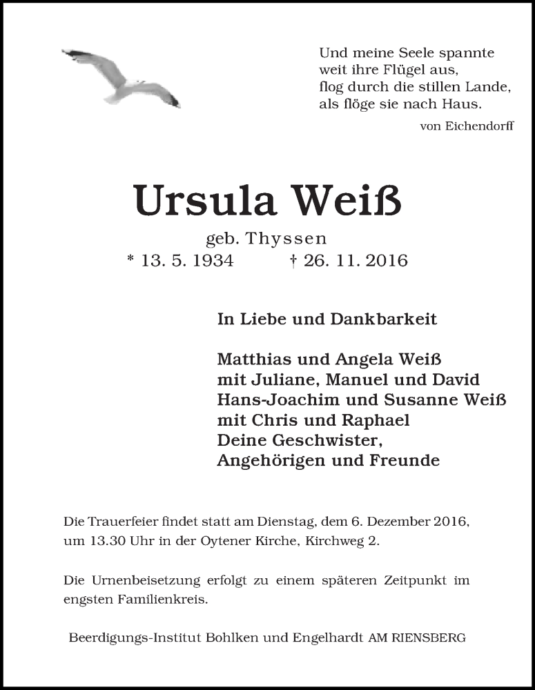  Traueranzeige für Ursula Weiß vom 30.11.2016 aus WESER-KURIER