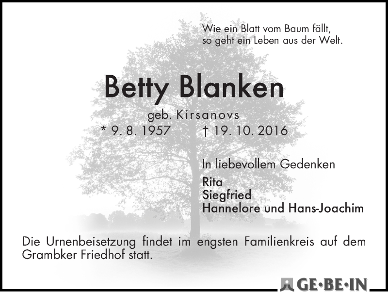 Traueranzeige von Betty Blanken von WESER-KURIER