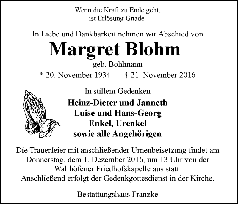 Traueranzeige von Margret Blohm von Osterholzer Kreisblatt