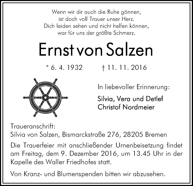 Traueranzeige von Ernst von Salzen von WESER-KURIER