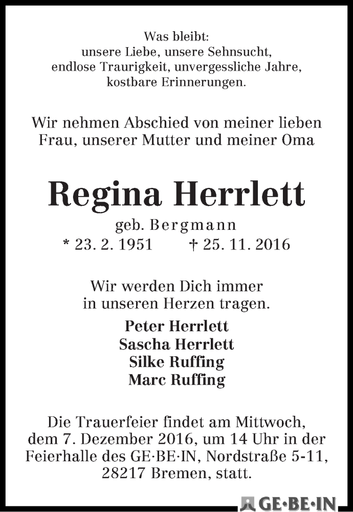 Traueranzeige von Regina Herrlett von WESER-KURIER