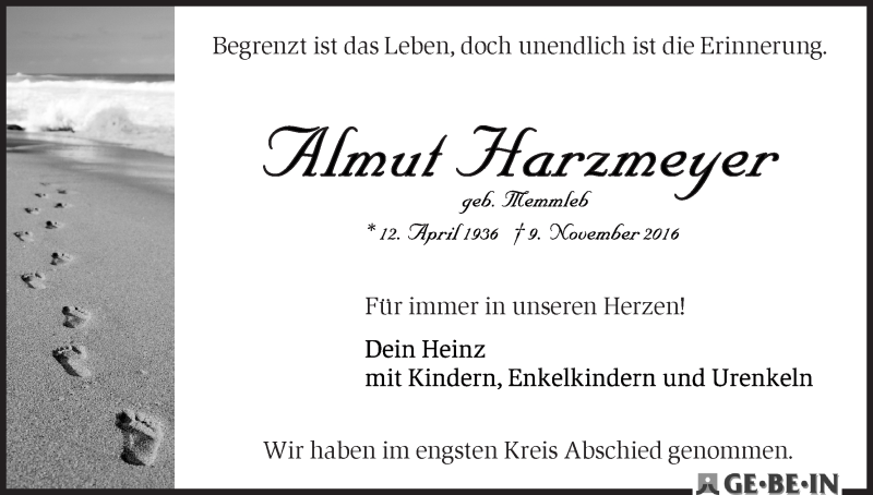 Traueranzeige von Almut Harzmeyer von WESER-KURIER
