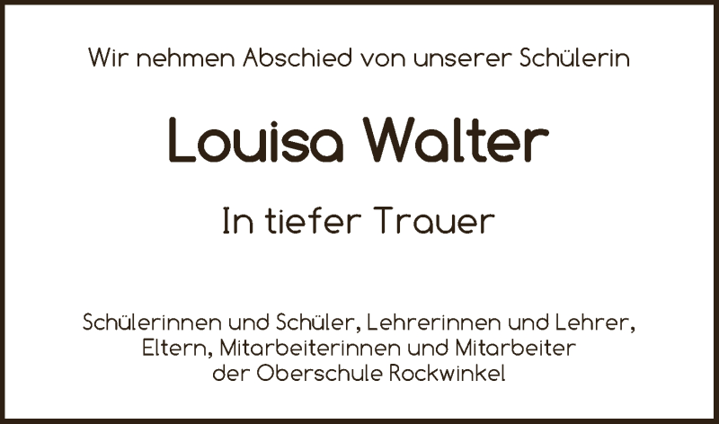  Traueranzeige für Louisa Walter vom 23.11.2016 aus WESER-KURIER
