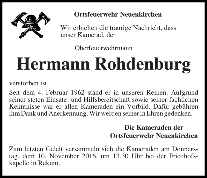 Traueranzeige von Hermann Rohdenburg von Die Norddeutsche