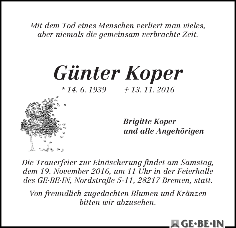 Traueranzeige von Günter Koper von WESER-KURIER