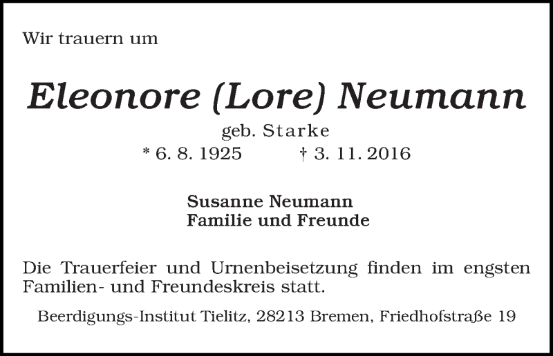 Traueranzeige von Eleonore (Lore) Neumann von WESER-KURIER
