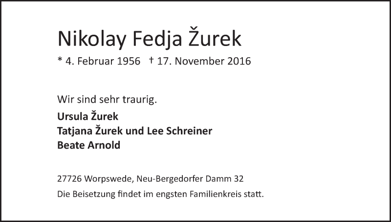 Traueranzeige von Nikolay Fedja Žurek von Wuemme Zeitung