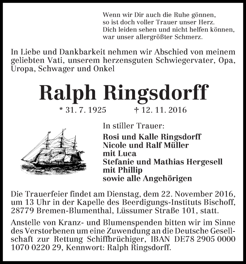 Traueranzeige von Ralph Ringsdorff von Die Norddeutsche
