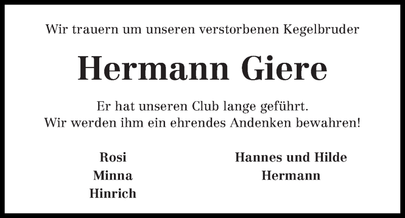 Traueranzeige von Hermann Giere von Wuemme Zeitung
