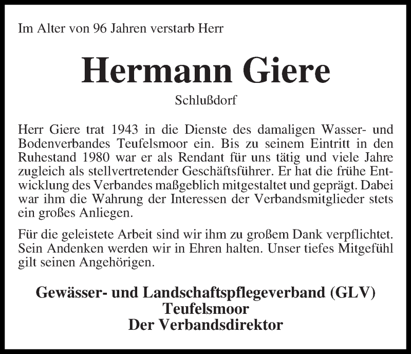 Traueranzeige von Hermann Giere von Wuemme Zeitung
