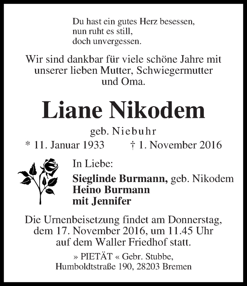 Traueranzeige von Liane Nikodem von WESER-KURIER