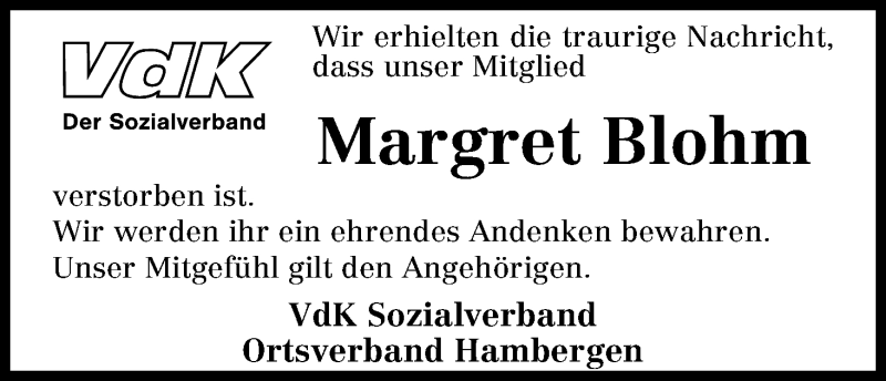 Traueranzeige von Margret Blohm von Osterholzer Kreisblatt