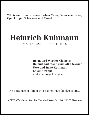 Traueranzeige von Heinrich Kuhmann