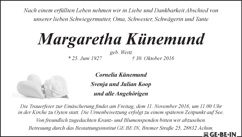 Traueranzeige von Margaretha Künemund von WESER-KURIER
