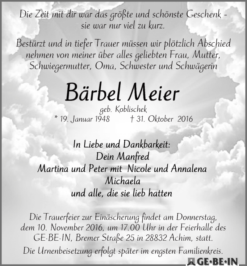 Traueranzeige von Bärbel Meier von WESER-KURIER
