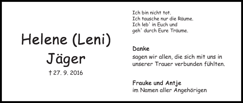 Traueranzeige von Helene (Leni) Jäger von WESER-KURIER