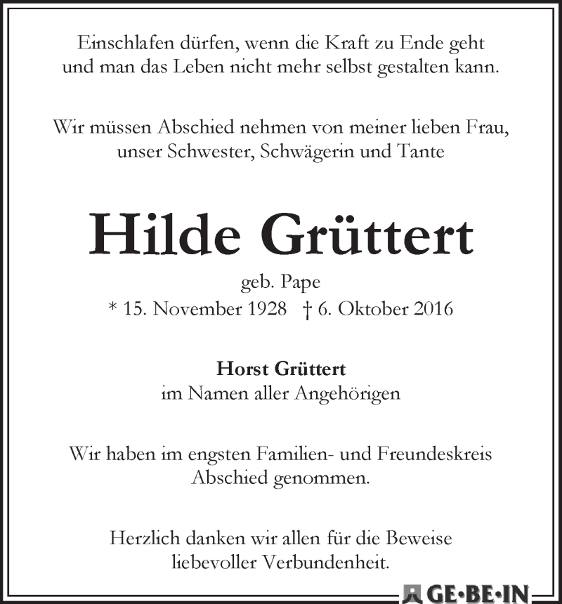 Traueranzeige von Hilde Grüttert von WESER-KURIER