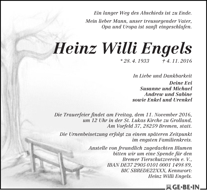 Traueranzeige von Heinz Willi Engels von WESER-KURIER