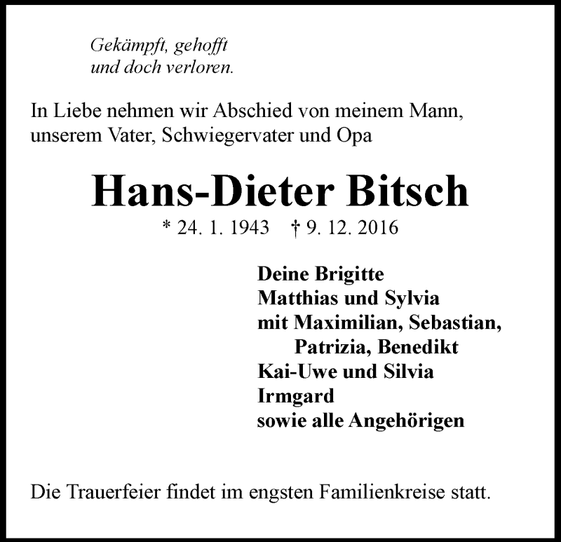 Traueranzeige von Hans-Dieter Bitsch von WESER-KURIER