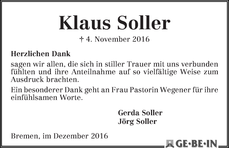 Traueranzeige von Klaus Soller von WESER-KURIER