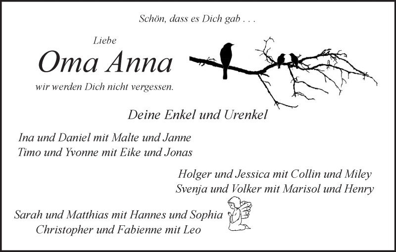 Traueranzeige von Anna Behrens von Osterholzer Kreisblatt