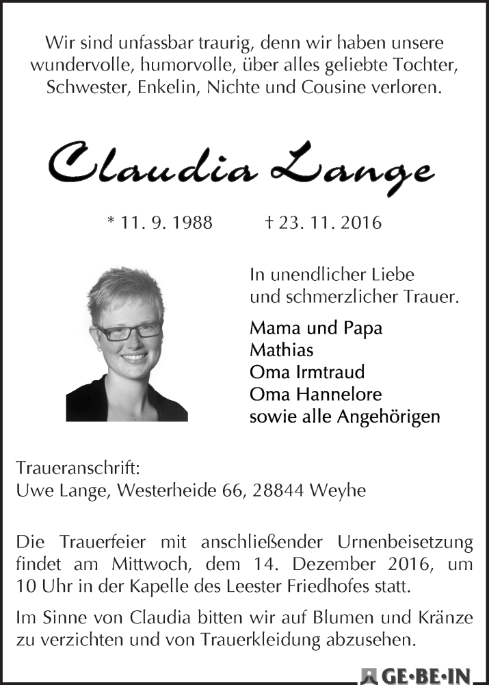  Traueranzeige für Claudia Lange vom 03.12.2016 aus Regionale Rundschau/Syker Kurier