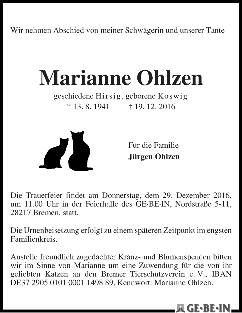 Traueranzeige von Marianne Ohlzen von WESER-KURIER