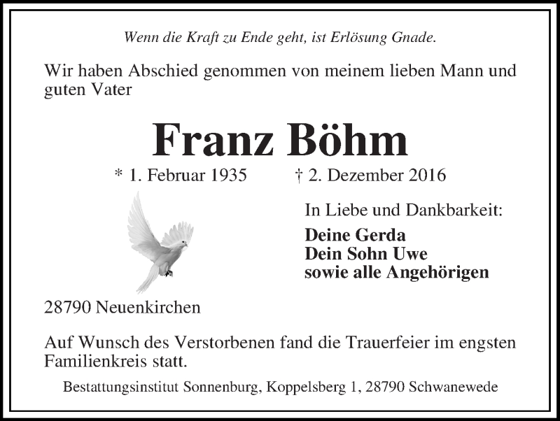 Traueranzeige von Franz Böhm von Die Norddeutsche