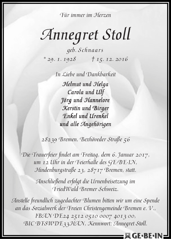 Traueranzeige von Annegret Stoll von WESER-KURIER