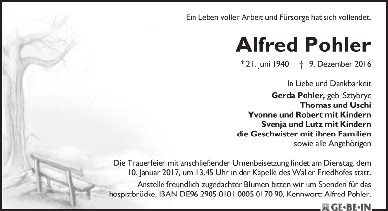 Traueranzeige von Alfred Pohler von WESER-KURIER