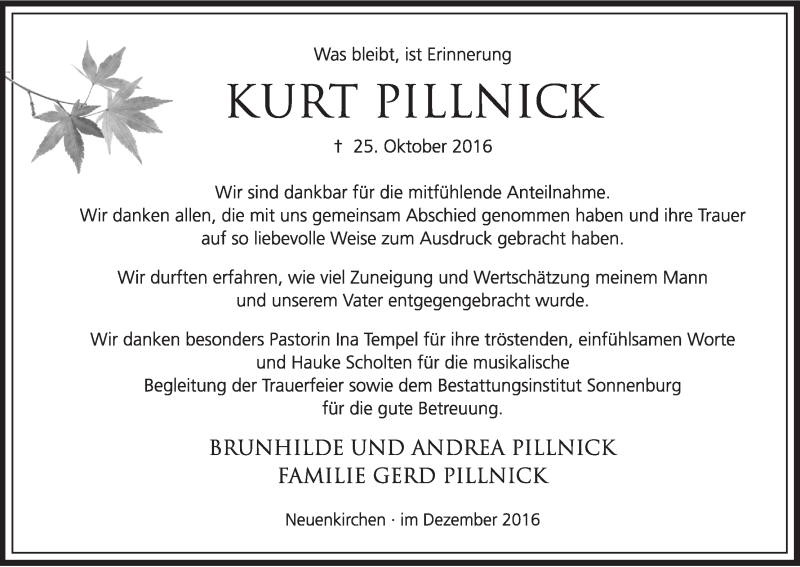 Traueranzeige von Kurt Pillnick von Die Norddeutsche