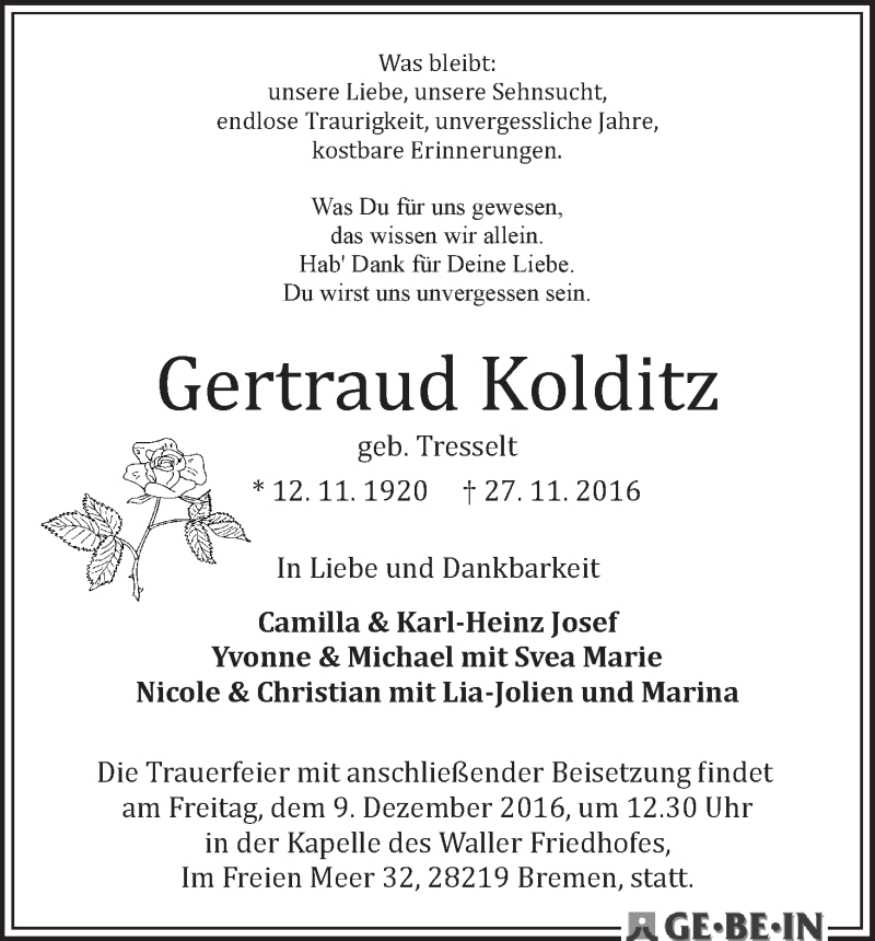 Traueranzeige von Gertraud Kolditz von WESER-KURIER