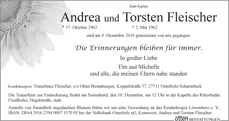  Traueranzeige für Andrea und Torsten Fleischer vom 08.12.2016 aus Osterholzer Kreisblatt