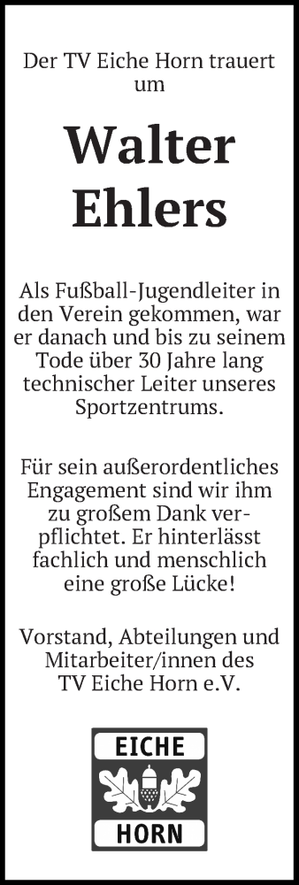 Traueranzeige von Walter Ehlers von WESER-KURIER