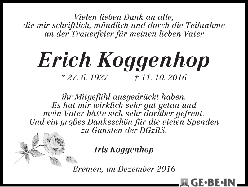 Traueranzeige von Erich Koggenhop von WESER-KURIER