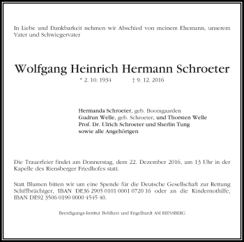 Traueranzeige von Wolfgang Heinrich Hermann Schroeter