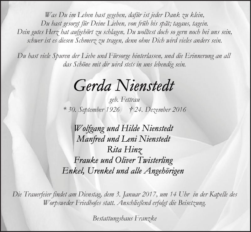 Traueranzeige von Gerda Nienstedt von Wuemme Zeitung