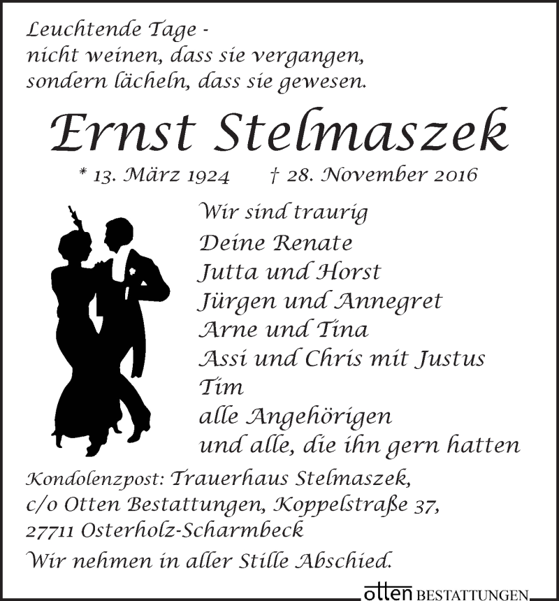 Traueranzeige von Ernst Stelmaszek von Die Norddeutsche