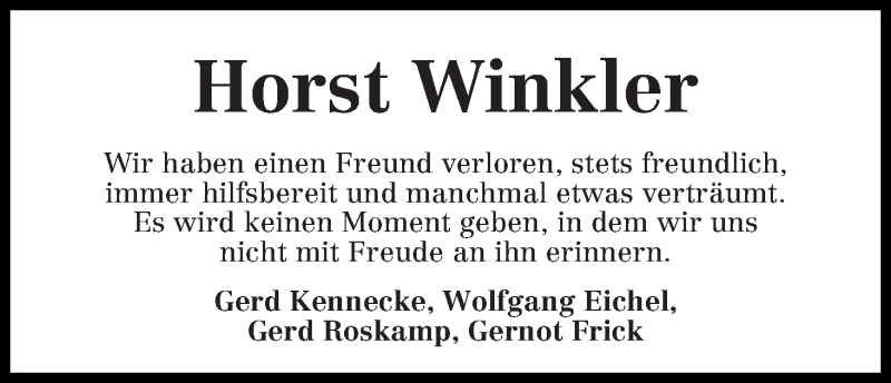  Traueranzeige für Horst Winkler vom 28.12.2016 aus WESER-KURIER