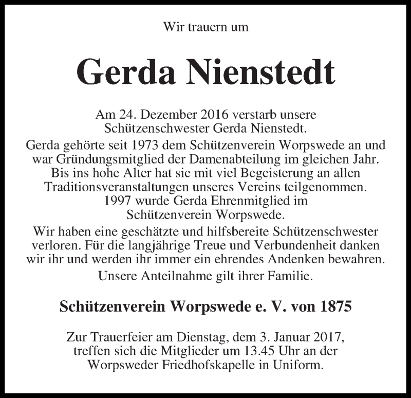 Traueranzeige von Gerda Nienstedt von Wuemme Zeitung