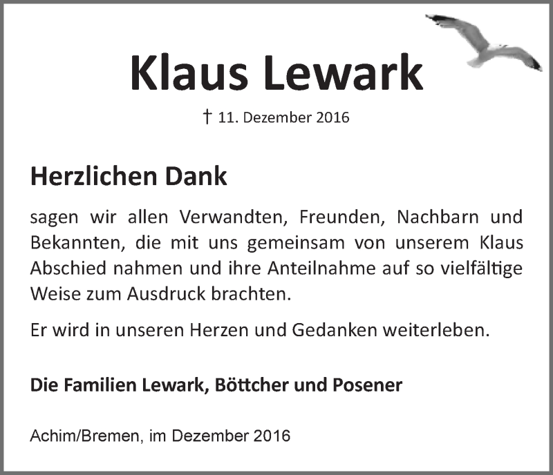 Traueranzeige von Klaus Lewark von WESER-KURIER