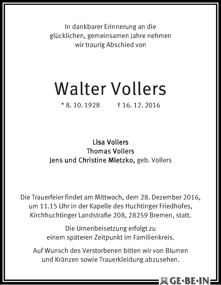 Traueranzeige von Walter Vollers von WESER-KURIER