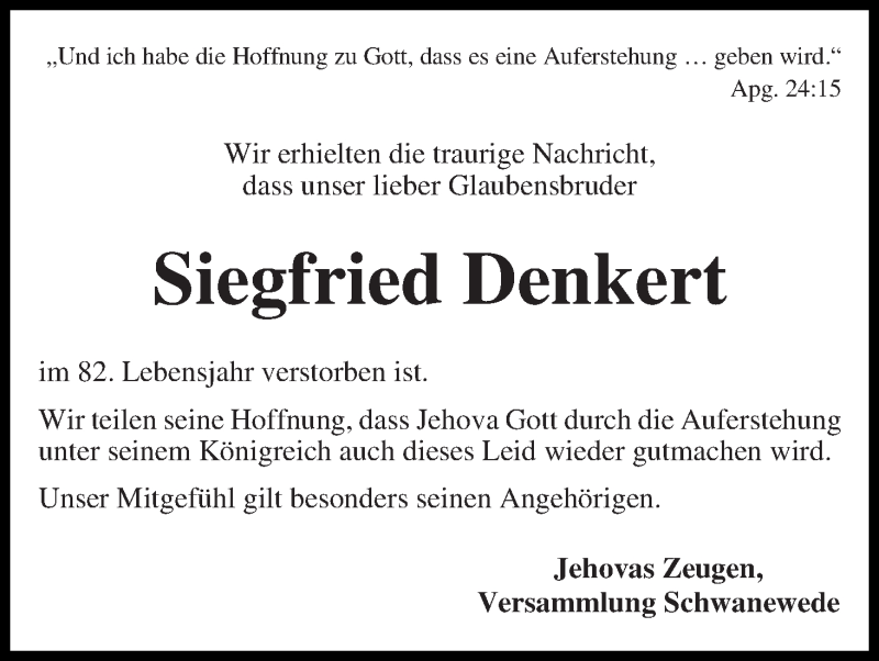 Traueranzeige von Siegfried Denkert von Die Norddeutsche