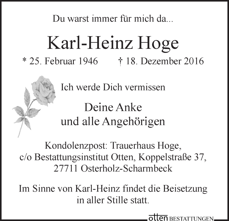 Traueranzeige von Karl-Heinz Hoge von WESER-KURIER