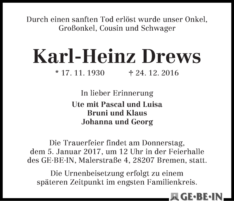 Traueranzeige von Karl-Heinz Drews von WESER-KURIER