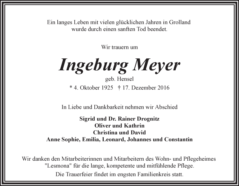 Traueranzeige von Ingeburg Meyer von WESER-KURIER