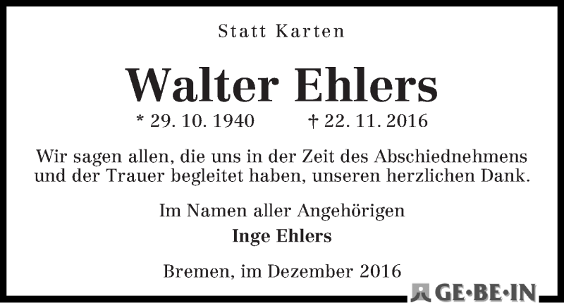Traueranzeige von Walter Ehlers von WESER-KURIER