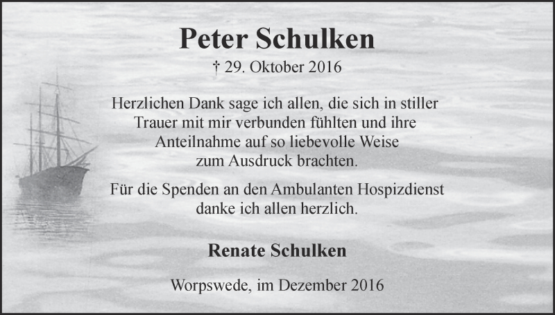Traueranzeige von Peter Schulken von Wuemme Zeitung