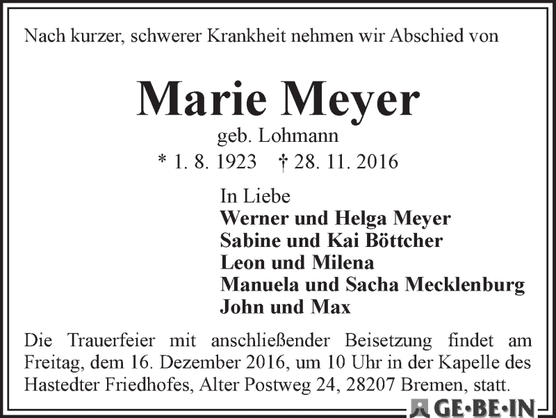 Traueranzeige von Marie Meyer von WESER-KURIER