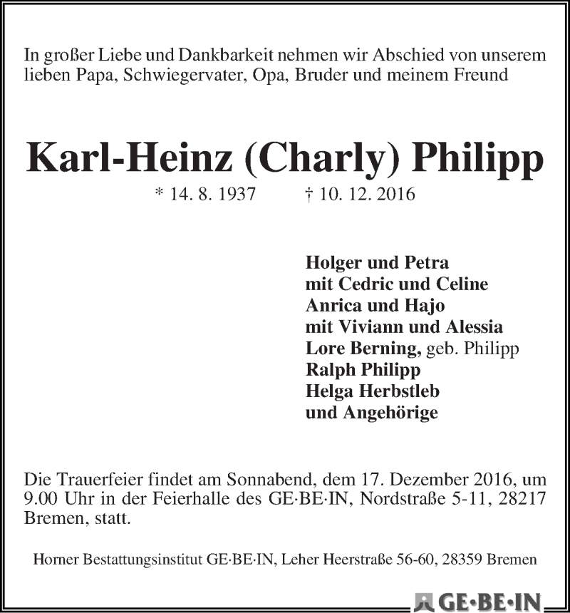 Traueranzeige von Karl-Heinz (Charly) Philipp von WESER-KURIER